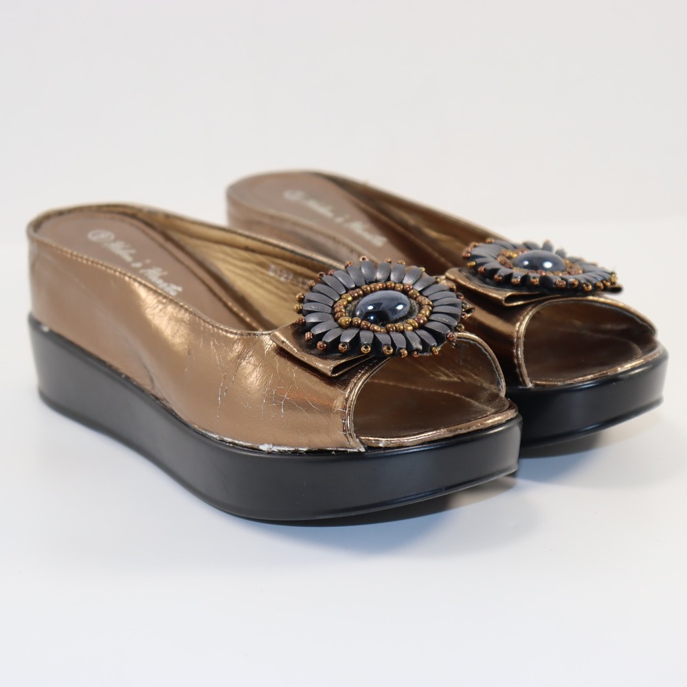 Helen's Heart‎ Platform Slide Sandals Womens 6 Bronze Metallic Floral Beaded Y2K